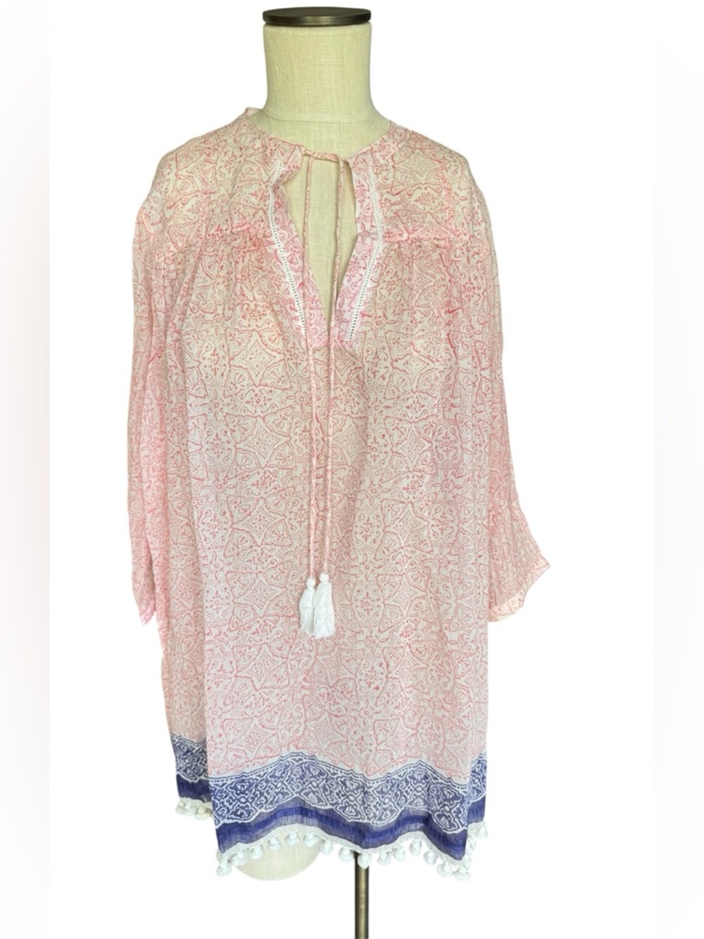 Gorsuch X Roller Rabbit Petal Pink Silk Blend Sheer Tasseled Pom Tunic Sz S